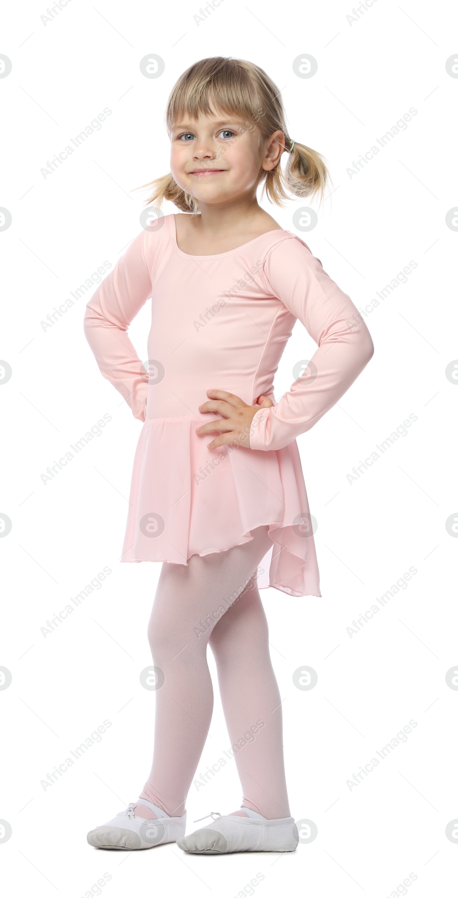 Cute little girl dancing on white background Photo of Cute little girl dancing on white background