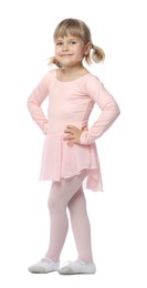 Photo of Cute little girl dancing on white background