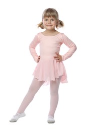 Photo of Cute little girl dancing on white background