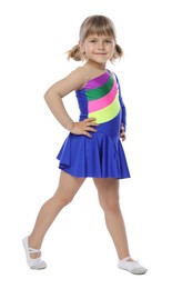 Photo of Cute little girl dancing on white background