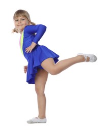 Photo of Cute little girl dancing on white background