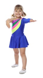 Photo of Cute little girl dancing on white background