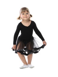 Photo of Cute little girl dancing on white background