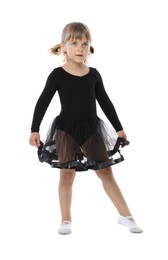 Photo of Cute little girl dancing on white background