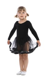 Photo of Cute little girl dancing on white background