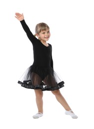 Photo of Cute little girl dancing on white background