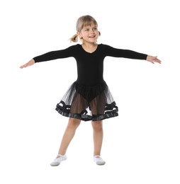 Photo of Cute little girl dancing on white background