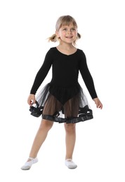 Photo of Cute little girl dancing on white background