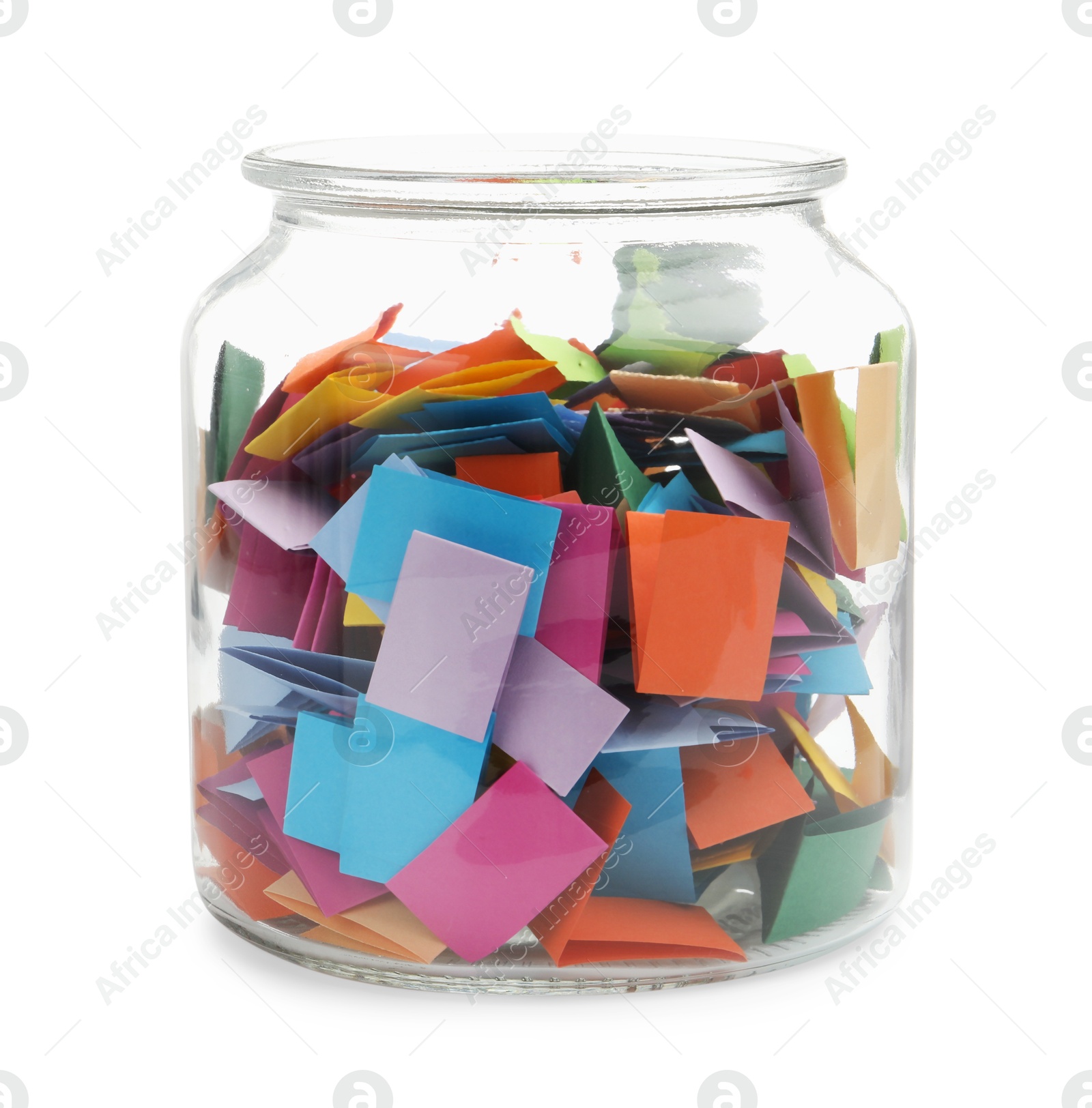 Colorful paper pieces in glass jar isolated on white Photo of Colorful paper pieces in glass jar isolated on white