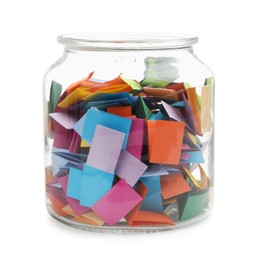 Photo of Colorful paper pieces in glass jar isolated on white