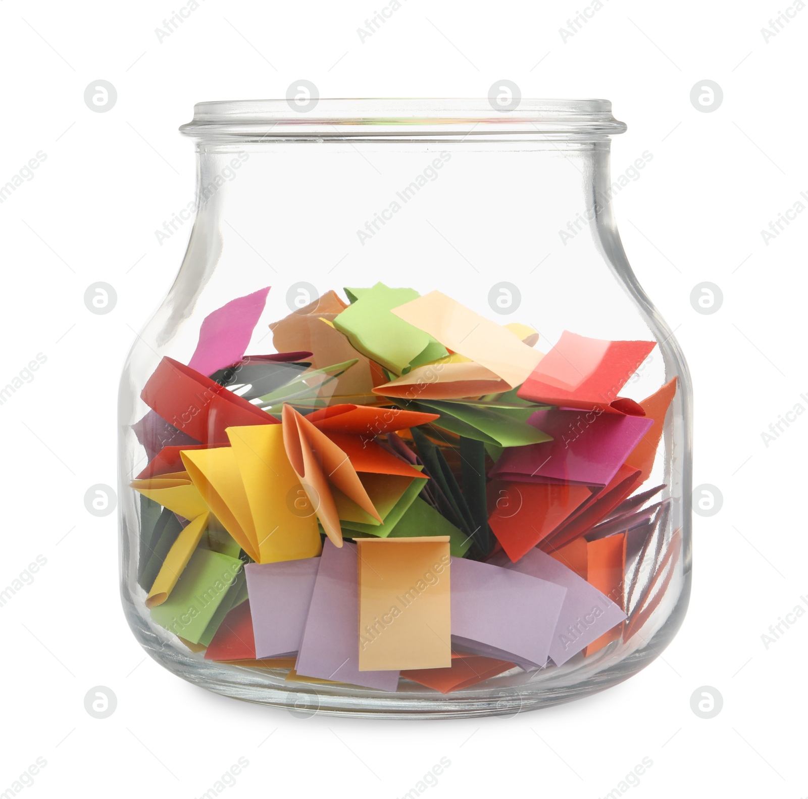 Colorful paper pieces in glass jar isolated on white Photo of Colorful paper pieces in glass jar isolated on white