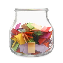 Photo of Colorful paper pieces in glass jar isolated on white