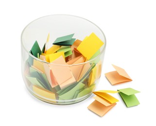 Photo of Colorful paper pieces in glass jar isolated on white