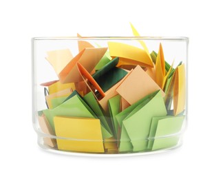 Photo of Colorful paper pieces in glass jar isolated on white