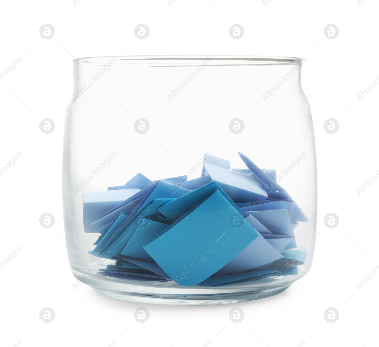 Colorful paper pieces in glass jar isolated on white Photo of Colorful paper pieces in glass jar isolated on white
