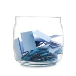 Photo of Colorful paper pieces in glass jar isolated on white