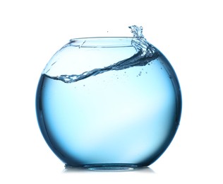 Photo of Glass aquarium with splashing water isolated on white