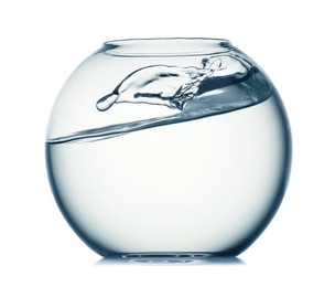 Photo of Glass aquarium with splashing water isolated on white