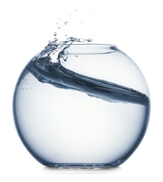 Photo of Glass aquarium with splashing water isolated on white