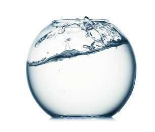 Photo of Glass aquarium with splashing water isolated on white