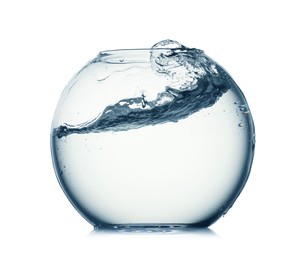 Photo of Glass aquarium with splashing water isolated on white