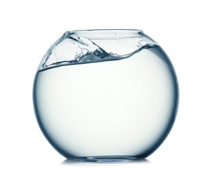 Photo of Glass aquarium with splashing water isolated on white