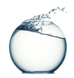 Photo of Glass aquarium with splashing water isolated on white