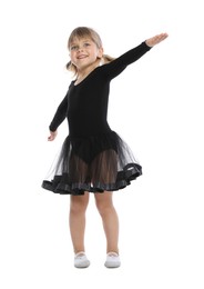 Photo of Cute little girl dancing on white background