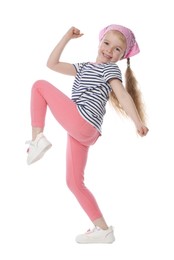Photo of Cute little girl dancing on white background
