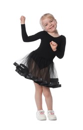 Photo of Cute little girl dancing on white background