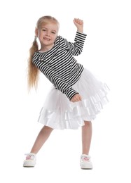 Photo of Cute little girl dancing on white background
