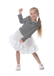 Photo of Cute little girl dancing on white background