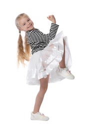 Photo of Cute little girl dancing on white background