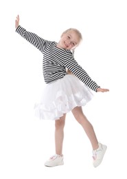 Photo of Cute little girl dancing on white background