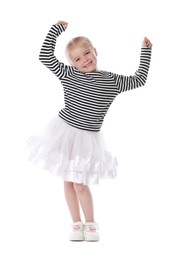 Photo of Cute little girl dancing on white background