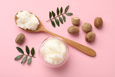 Photo of Natural shea butter on pink background, flat lay