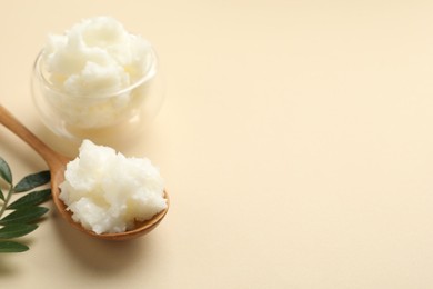 Photo of Shea butter and leaves on beige background, closeup. Space for text