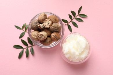 Photo of Natural shea butter on pink background, flat lay