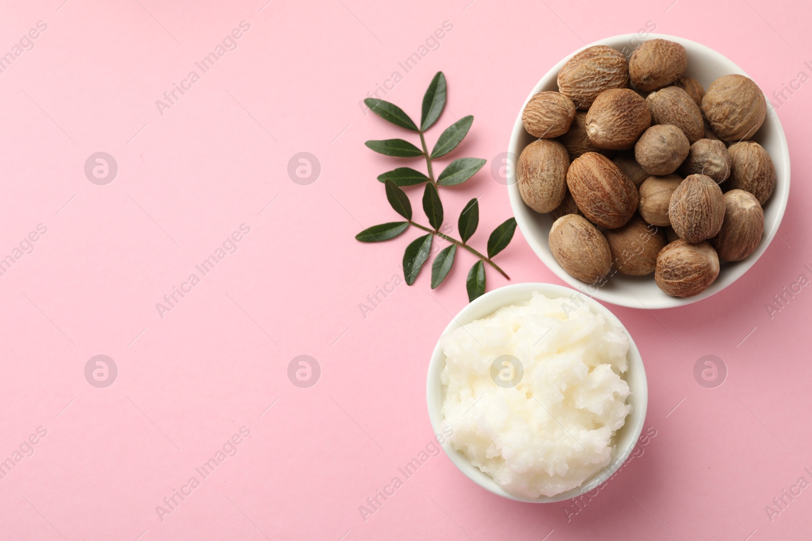 She butter, nuts and leaves on pink background, flat lay. Space for text Photo of She butter, nuts and leaves on pink background, flat lay. Space for text