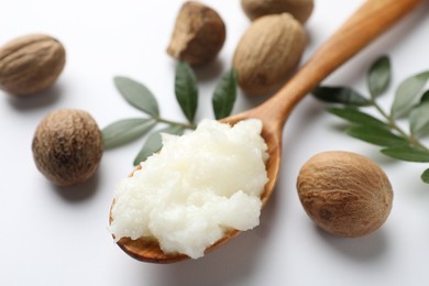 Photo of Shea butter, nuts and leaves on white background, closeup