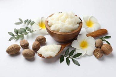 Photo of Shea butter, nuts, plumeria flowers and leaves on white background