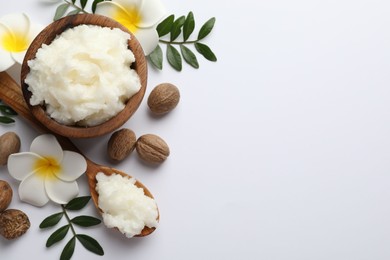 Photo of Natural shea butter on white background, flat lay. Space for text