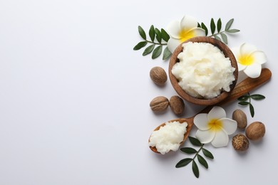 Photo of Natural shea butter on white background, flat lay. Space for text