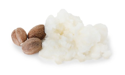 Photo of Shea butter and nuts isolated on white