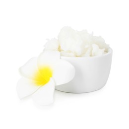 Photo of Shea butter and plumeria flower isolated on white