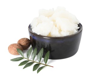 Photo of Shea butter, nuts and leaves isolated on white