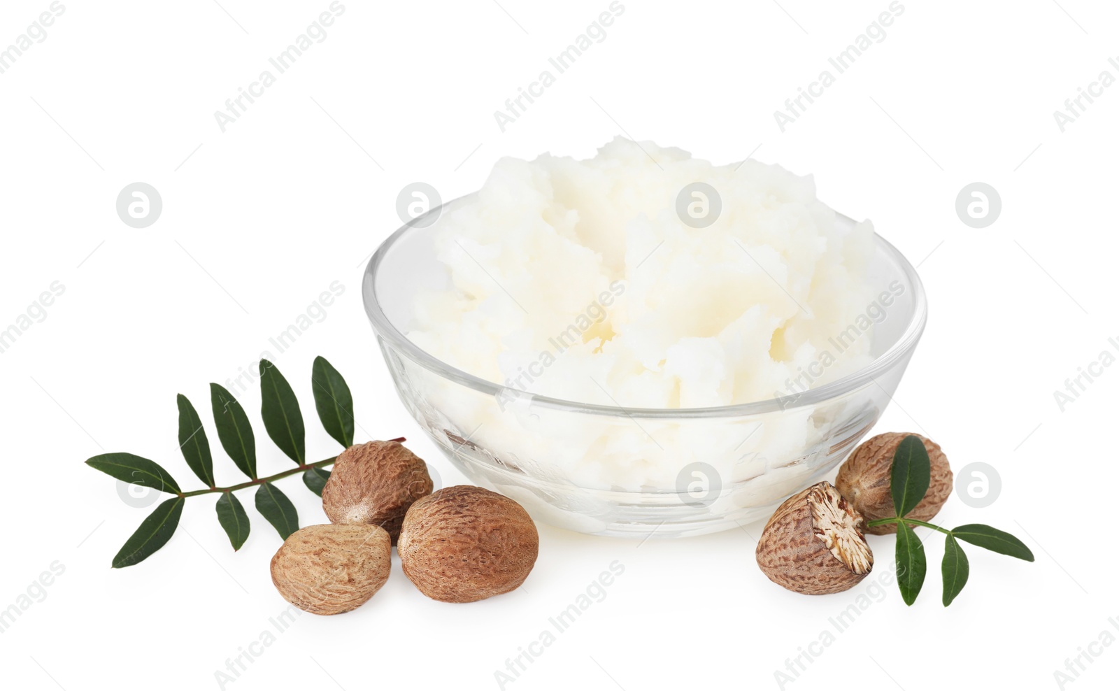Natural shea butter in bowl isolated on white Photo of Natural shea butter in bowl isolated on white