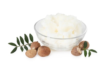 Photo of Natural shea butter in bowl isolated on white