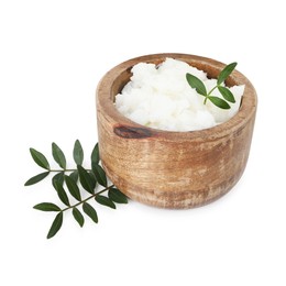Photo of Shea butter and leaves isolated on white