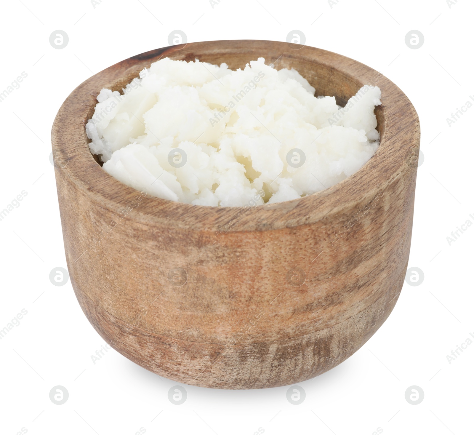 Shea butter in bowl isolated on white Photo of Shea butter in bowl isolated on white